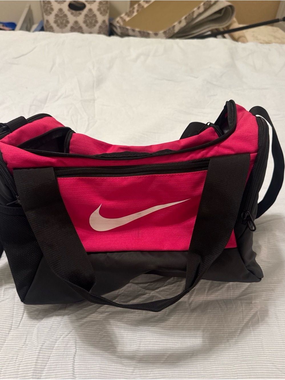 Nike Pink and Black Duffel Bag with White Swoosh